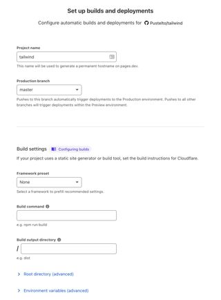 Form for connecting Github repo to Cloudflare Pages after a user selected a repository. Contains fields for a project name, production branch and framework presets.