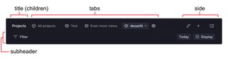 Description of main components of header in Linear app: Breadcrumbs, Tabs, Side actions and facets